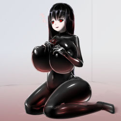 Rule 34 | black hair, bodysuit, breasts, keteru yamiko, large breasts, red eyes, scp-835-jp, scp foundation, thick thighs, thighs, yandere