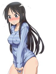 Rule 34 | 1girl, akiyama mio, bad id, bad pixiv id, black eyes, black hair, blush, breasts, clothes tug, covered erect nipples, embarrassed, k-on!, long hair, simple background, solo, striped clothes, striped sweater, sweater, sweater tug, uzumi (uzumi yosi), white background