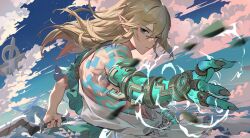 Rule 34 | 1boy, archaic set (zelda), asymmetrical sleeves, black nails, blonde hair, blue eyes, blue sky, cloud, cloudy sky, commentary, day, floating hair, floating island, hair between eyes, holding, holding weapon, jimbobox, link, long hair, looking at viewer, looking to the side, male focus, mountain, nintendo, outdoors, outstretched arm, parted lips, pointy ears, shoulder tattoo, sidelocks, single bare shoulder, sky, solo, tattoo, the legend of zelda, the legend of zelda: tears of the kingdom, upper body, weapon, white tunic