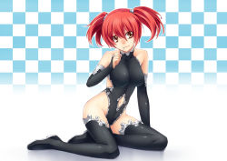 Rule 34 | 1girl, absurdres, bare shoulders, boots, breasts, bridal gauntlets, brown eyes, checkered background, clothing cutout, eating, highleg, highleg leotard, highres, hip focus, impossible clothes, leotard, looking at viewer, mouth hold, navel, navel cutout, original, red hair, short hair, side cutout, sitting, solo, thigh boots, thighhighs, tsuki to kage, tsuki tokage, twintails, yokozuwari