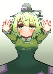 Rule 34 | 1girl, absurdres, breasts, closed mouth, commentary request, cross-laced clothes, dress, green dress, green eyes, green hair, hat, highres, jewelry, long sleeves, looking at viewer, ofuda, ofuda on clothes, ring, short hair, smile, soga no tojiko, solo, takana (forsterite), tate eboshi, touhou, variant set