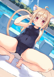 Rule 34 | 1girl, ahoge, animal ear fluff, animal ears, bare arms, bare shoulders, blonde hair, blurry, blurry background, blush, breasts, cameltoe, cat ears, cat girl, cat tail, closed mouth, commentary request, covered navel, day, depth of field, hair between eyes, hand up, highres, long hair, low twintails, manabe mana, old school swimsuit, original, outdoors, pool, poolside, red eyes, school swimsuit, small breasts, solo, spread legs, squatting, swimsuit, tail, twintails, water