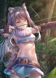 Rule 34 | 1girl, aiming, animal ear fluff, animal ears, armor, armpits, arrow (projectile), bandeau, belt, black gloves, black hair, bow (weapon), breasts, brown belt, capelet, commentary, cowboy shot, falling leaves, fingerless gloves, forest, fur capelet, gauntlets, glint, gloves, gradient hair, green skirt, groin, highres, holding, holding arrow, holding bow (weapon), holding weapon, leaf, light rays, long hair, medium breasts, midriff, miniskirt, multicolored hair, nature, navel, parted lips, princess connect!, quiver, shiori (princess connect!), shoulder armor, sidelocks, skirt, solo, standing, striped tail, sunbeam, sunlight, tail, tamikko, tiger ears, tree, weapon, yellow eyes