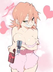 Rule 34 | 1girl, :3, absurdres, aetherion, arms under breasts, blush, box, breasts, cleavage, cowboy shot, flcl, grin, hair between eyes, haruhara haruko, highres, holding, holding box, medium breasts, medium hair, naked towel, pink hair, smile, solo, towel