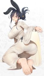 Rule 34 | 1girl, animal ears, ass, barefoot, black hair, blue eyes, blush, breasts, from behind, hair ornament, hair over one eye, highres, japanese clothes, kimono, large breasts, long hair, looking at viewer, neshia (tsaqif0309), open mouth, original, panties, see-through, shiny clothes, smile, solo, underwear, wide sleeves