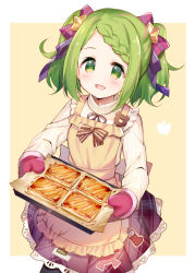 Rule 34 | 1girl, :d, apron, beige background, black pantyhose, blush, bow, braid, brown apron, food, frilled apron, frills, green eyes, green hair, hair bow, hair ornament, hair ribbon, highres, holding, long sleeves, looking at viewer, meito (maze), morinaka kazaki, neck ribbon, nijisanji, open mouth, oven mitts, pantyhose, plaid, plaid skirt, pleated skirt, purple ribbon, purple skirt, ribbed shirt, ribbon, shirt, skirt, smile, solo, star (symbol), star hair ornament, striped, striped bow, swept bangs, two-tone background, virtual youtuber, white background, white shirt