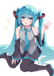 Rule 34 | 1girl, :o, absurdres, aqua eyes, aqua hair, aqua necktie, black footwear, black skirt, black sleeves, black thighhighs, detached sleeves, enipa 28, hand up, hatsune miku, highres, legs, long hair, necktie, number tattoo, open mouth, pleated skirt, shirt, shoes, shoulder tattoo, simple background, sitting, skirt, sleeveless, sleeveless shirt, solo, tattoo, thighhighs, twintails, v, very long hair, vocaloid, white background, white shirt