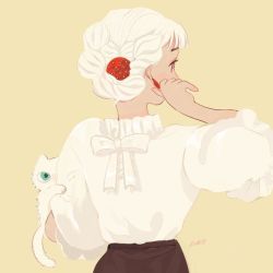 Rule 34 | 1girl, blue eyes, cat, earrings, from behind, jewelry, original, papers shumi, profile, puffy sleeves, shirt, shirt tucked in, signature, simple background, solo, tan background, white cat, white hair, white shirt