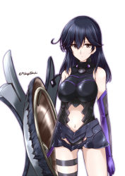 Rule 34 | 1girl, alternate costume, bare legs, bare shoulders, black gloves, black hair, breasts, brown eyes, clothing cutout, commentary request, cosplay, elbow gloves, expressionless, fate/grand order, fate (series), female focus, gloves, holding, holding shield, kantai collection, large breasts, legband, legs, long hair, looking at viewer, mash kyrielight, mikage takashi, multicolored clothes, multicolored gloves, navel, navel cutout, purple gloves, shield, shielder (fate/grand order) (cosplay), signature, simple background, sleeveless, sleeveless turtleneck, solo, standing, thigh strap, turtleneck, twitter username, ushio (kancolle), white background