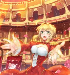 Rule 34 | 10s, 1girl, :d, aestus domus aurea, ahoge, blonde hair, blush, breasts, cleavage, cleavage cutout, clothing cutout, dress, epaulettes, fate/extra, fate (series), female focus, green eyes, looking at viewer, nero claudius (fate), nero claudius (fate), nero claudius (fate/extra), open mouth, outstretched arms, outstretched hand, petals, red dress, short hair, smile, solo, yepnean