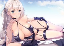 Rule 34 | 1girl, arm strap, azur lane, bare hips, bikini, blue eyes, blush, breasts, center opening, checkered flag, cleavage, covered erect nipples, criss-cross halter, dress, flag, fukuda shuushi, gloves, halter dress, halterneck, highres, large breasts, long hair, looking at viewer, lying, mole, mole under eye, on side, one side up, race queen, revealing clothes, shoukaku (azur lane), shoukaku (sororal wings) (azur lane), smile, solo, swimsuit, thighhighs, white hair
