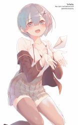 Rule 34 | 10s, 1girl, :d, absurdres, artist name, black thighhighs, blue eyes, blue hair, blush, breasts, cleavage, contemporary, dress shirt, fang, hair between eyes, hair ornament, heart, highres, jacket, jacket on shoulders, letter, long sleeves, looking at viewer, love letter, medium breasts, off shoulder, open mouth, pleated skirt, re:zero kara hajimeru isekai seikatsu, rem (re:zero), school uniform, shirt, short hair, simple background, skirt, smile, solo, thighhighs, torano, twitter username, white background, white shirt, wing collar, x hair ornament, zettai ryouiki
