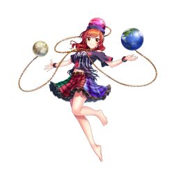Rule 34 | 1girl, barefoot, belt, black headwear, black shirt, closed mouth, clothes writing, earth (ornament), full body, game cg, heart, hecatia lapislazuli, highres, looking at viewer, medium hair, moon (ornament), multicolored clothes, multicolored skirt, plaid, plaid skirt, red eyes, red hair, rotte (1109), shirt, short sleeves, simple background, skirt, solo, third-party source, touhou, white background