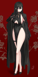 Rule 34 | 1girl, black dress, black footwear, black gloves, black hair, blush, breasts, classy-black-haired girl (hayabusa), closed mouth, coat, coat on shoulders, covered navel, dress, earrings, elbow gloves, full body, gloves, hayabusa, high heels, highres, jewelry, large breasts, legs, long hair, original, purple eyes, red background, sideboob, smile, solo, standing, thigh strap
