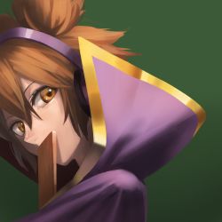 Rule 34 | 1girl, amino (tn7135), bad id, bad pixiv id, brown eyes, brown hair, cape, covering own mouth, earmuffs, gradient background, green background, looking at viewer, portrait, ritual baton, short hair, simple background, solo, touhou, toyosatomimi no miko