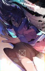 Rule 34 | 1boy, bean mr12, black pants, blank eyes, cowboy shot, feet out of frame, fengxi (the legend of luoxiaohei), highres, long hair, long sleeves, pants, pointy ears, purple hair, signature, solo, luo xiaohei zhanji
