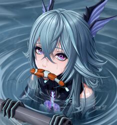 1girl aqua_hair artist_name bare_shoulders black_gloves commentary crossed_bangs fins fishing_line fishing_lure gloves hair_between_eyes head_fins highres lamia_(pgr) long_hair looking_at_viewer mouth_hold partially_submerged punishing:_gray_raven purple_eyes ringed_eyes ripples shell_hair_ornament sidelocks solo twitter_username upper_body very_long_hair zero_sf