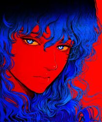 Rule 34 | 1boy, androgynous, berserk, blue eyes, closed mouth, corrupted twitter file, griffith (berserk), highres, long hair, looking at viewer, nisino2222, red background, solo, wavy hair