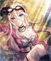 Rule 34 | 1girl, ahoge, black choker, blonde hair, blue eyes, bow, breasts, choker, cleavage, collarbone, danganronpa (series), danganronpa v3: killing harmony, dated, fingerless gloves, gloves, goggles, goggles on head, grass, hand up, happy birthday, iruma miu, large breasts, long hair, looking at viewer, lying, mikao (eanv5385), o-ring, on back, open mouth, sailor collar, school uniform, shirt, smile, solo, thighhighs