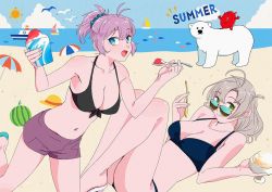 Rule 34 | 2girls, 2others, aoba (kancolle), beach, bear, bikini, black bikini, blue-tinted eyewear, blue-tinted glasses, blue bikini, blue eyes, blue sky, boat, breasts, brown-tinted eyewear, cleavage, cloud, cowboy shot, day, enemy lifebuoy (kancolle), food, green eyes, grey hair, kantai collection, kinugasa (kancolle), leaning forward, looking at viewer, looking over eyewear, looking over glasses, lying, medium breasts, multiple girls, multiple others, navel, ojipon, one side up, outdoors, polar bear, ponytail, purple hair, purple shorts, riding, scrunchie, shaved ice, shorts, sky, spoon, sun, sunglasses, swimsuit, tinted eyewear, watercraft