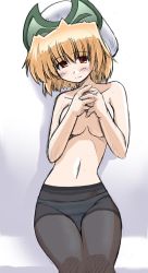 Rule 34 | 00s, 1girl, blonde hair, covering privates, earrings, hat, jewelry, lyrical nanoha, mahou shoujo lyrical nanoha, mahou shoujo lyrical nanoha a&#039;s, mahou shoujo lyrical nanoha strikers, panties, panties under pantyhose, pantyhose, red eyes, shamal, solo, striped clothes, striped panties, underwear