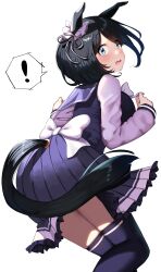 Rule 34 | !, 1girl, animal ears, back bow, black hair, blue eyes, blue sailor collar, blue shirt, blue skirt, blue thighhighs, blush, bow, bowtie, commentary, ear ribbon, ear scrunchie, eishin flash (umamusume), feet out of frame, hair over one eye, hands up, highres, horse ears, horse girl, horse tail, long sleeves, looking at viewer, looking back, open mouth, pleated skirt, sailor collar, school uniform, shirt, short hair, simple background, skirt, solo, standing, tail, thighhighs, thought bubble, tracen school uniform, umamusume, white background, white bow, white bowtie, yamato (muchuu paradigm)