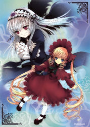 Rule 34 | 00s, 2girls, black dress, blonde hair, bonnet, doll, dress, drill hair, frilled sleeves, frills, hairband, kneehighs, lolita hairband, long hair, long sleeves, looking at viewer, mary janes, mizunomoto, multiple girls, outstretched arms, pantyhose, red dress, rozen maiden, shinku, shoes, socks, suigintou, twin drills, twintails, very long hair, white legwear