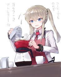 Rule 34 | 10s, 1girl, :d, apron, bad id, bad pixiv id, blonde hair, blue eyes, coffee, coffee maker, collared shirt, cup, graf zeppelin (kancolle), hair between eyes, highres, holding, kantai collection, kettle, long hair, long sleeves, necktie, nonon (xenonbot), open mouth, red necktie, shirt, sidelocks, smile, solo, translation request, twintails, white background, white shirt