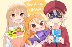 Rule 34 | 3girls, :d, birthday, blonde hair, bouquet, box, brown eyes, cabbie hat, character name, chibi, doma umaru, domino mask, english text, fish, flower, gift, gift box, hair between eyes, hamster hood, happy birthday, hat, hijiki (hijikini), himouto! umaru-chan, hood, hoodie, komaru (himouto! umaru-chan), long hair, looking at viewer, mask, multiple girls, open mouth, red hoodie, ribbon, smile, sunflower, sweatdrop, very long hair, wavy mouth