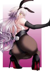 Rule 34 | 1girl, absurdres, ahoge, animal ears, arm at side, ass, backless outfit, bare back, bare shoulders, black footwear, black gloves, black leotard, breasts, cameltoe, elbow gloves, fake animal ears, fake tail, fate/grand order, fate (series), fishnet pantyhose, fishnets, from behind, gloves, grey hair, hair between eyes, hand up, high heels, highres, jeanne d&#039;arc (fate), jeanne d&#039;arc alter (avenger) (fate), jeanne d&#039;arc alter (fate), large breasts, leotard, long hair, looking at viewer, looking back, pantyhose, patrick reyes ii, playboy bunny, rabbit ears, rabbit tail, shoulder blades, sidelocks, solo, squatting, strapless, strapless leotard, tail, thighs, very long hair