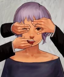 Rule 34 | 10s, 1girl, bad id, bad pixiv id, bare shoulders, brown eyes, covering another&#039;s mouth, expressionless, grey background, hand over another&#039;s mouth, idolmaster, idolmaster million live!, kuresaka, light purple hair, looking at viewer, makabe mizuki, short hair