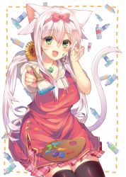Rule 34 | 1girl, :d, anceril sacred, animal ears, apron, bad id, bad pixiv id, black thighhighs, blue eyes, blush, bow, breasts, cat ears, cat tail, green eyes, hair bow, large breasts, long hair, looking at viewer, mishima kurone, nail polish, open mouth, original, paint, paintbrush, palette (object), pink hair, smile, solo, tail, thighhighs
