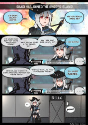 Rule 34 | 1girl, 1other, ambiguous gender, arknights, bottle (bottle1234), comic, commentary, doctor (arknights), english commentary, english text, gameplay mechanics, headgear, highres, interview, red eyes, rejection, skadi (arknights), slamming door, white hair