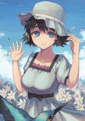 Rule 34 | 1girl, absurdres, animal, bare arms, bird, black bow, black hair, blue eyes, bow, breasts, cloud, cloudy sky, collarbone, commentary request, day, dress, falling leaves, flower, flying, hand on headwear, hat, highres, large breasts, leaf, looking at viewer, outdoors, shiina mayuri, short hair, short sleeves, sky, smile, solo, steins;gate, white dress, white flower, yorishiem
