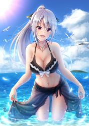 Rule 34 | 1girl, amagiri tsukuyo, bare arms, bare shoulders, bikini, bird, black bikini, black ribbon, black sarong, blue sky, blurry, blurry background, blush, breasts, cleavage, cloud, collarbone, cross, cross necklace, day, denpa (denpae29), earrings, hair between eyes, hair ribbon, highres, jewelry, large breasts, leaning forward, long hair, looking at viewer, necklace, ocean, open mouth, original, outdoors, ponytail, purple eyes, ribbon, sarong, seagull, see-through, sidelocks, sky, solo, sunlight, swimsuit, very long hair, wading, water drop