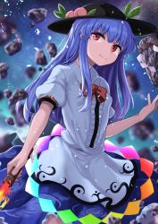 Rule 34 | 1girl, bare arms, black hat, blue hair, blue skirt, bow, bowtie, closed mouth, floating rock, food, fruit, hand up, hat, highres, hinanawi tenshi, holding, holding sword, holding weapon, keystone, long hair, momo retasu, peach, puffy short sleeves, puffy sleeves, red bow, red bowtie, red eyes, rope, shide, shimenawa, short sleeves, skirt, sky, smile, solo, star (sky), starry sky, sword, sword of hisou, touhou, weapon, wing collar
