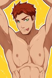 Rule 34 | 1boy, absurdres, armpits, arms up, artist name, brown hair, dc comics, green eyes, highres, kid flash, kuroshinki, looking at viewer, male focus, muscular, muscular male, nipples, pectorals, red hair, seductive smile, short hair, sideburns, simple background, smile, solo, sweat, toned, toned male, tongue, tongue out, upper body, veins, veiny arms, wally west, young justice