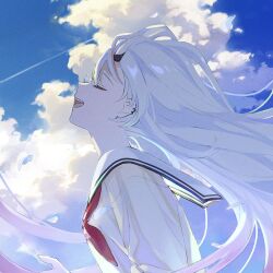 Rule 34 | 1girl, :d, album cover, blue sky, closed eyes, cloud, cloudy sky, contrail, cover, cumulonimbus cloud, ear piercing, facing up, floating hair, hand up, highres, hololive, horns, long hair, nakiri ayame, neckerchief, official art, open mouth, piercing, portrait, profile, red neckerchief, sailor collar, school uniform, shirt, sidelocks, sky, smile, solo, teeth, textless version, upper teeth only, virtual youtuber, white hair, white sailor collar, white shirt, wind, yuribou