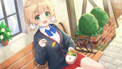 Rule 34 | 1girl, :d, absurdres, bento, black cardigan, blonde hair, blue bow, blue bowtie, blush, bow, bowtie, cardigan, chopsticks, collared shirt, dress shirt, food, green eyes, hair ornament, highres, holding, holding chopsticks, indie virtual youtuber, kazuna (minekazuna), looking at viewer, low twintails, messy hair, miniskirt, omelet, on bench, open mouth, pleated skirt, pom pom (clothes), pom pom hair ornament, red skirt, shigure ui (vtuber) (2nd costume), shigure ui (vtuber), shirt, short hair, short twintails, sitting, skirt, smile, solo, tamagoyaki, twintails, uniform, virtual youtuber, white shirt