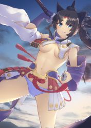 Rule 34 | 1girl, armor, asymmetrical sleeves, black hair, black hat, blue eyes, blue panties, blush, breast curtains, breasts, detached sleeves, fate/grand order, fate (series), feather hair ornament, feathers, hair ornament, hat, highres, japanese armor, katana, kusazuri, long hair, long sleeves, looking at viewer, medium breasts, mismatched sleeves, navel, panties, parted bangs, pinta (ayashii bochi), revealing clothes, side ponytail, smile, solo, sword, thick eyebrows, underwear, ushiwakamaru (fate), weapon
