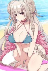 Rule 34 | 1girl, absurdly long hair, azur lane, beach, bikini, blue bikini, braid, braided bun, breasts, choker, cleavage, criss-cross halter, double bun, feather boa, formidable (azur lane), formidable (the lady of the beach) (azur lane), hair bun, halterneck, highres, huge breasts, long hair, looking at viewer, multi-strapped bikini bottom, multi-strapped bikini top, official alternate costume, outdoors, pink choker, platinum blonde hair, red eyes, sand, single thighhigh, skindentation, solo, swimsuit, thighhighs, utani (punishment), v arms, very long hair, water, white thighhighs