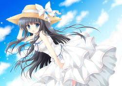 1girl :o bare_shoulders black_hair blue_eyes blush cloud day dress dress_tug female_focus hasekura_chiaki hat hat_ribbon long_hair original ribbon skirt skirt_tug sky sleeveless sleeveless_dress solo straw_hat