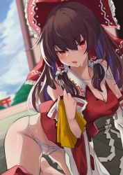 Rule 34 | 1girl, ascot, bare shoulders, blurry, blurry background, blush, bow, breasts, brown hair, cleavage, commentary request, detached sleeves, frilled bow, frilled shirt collar, frills, gohei, hair bow, hair tubes, hakurei reimu, highres, kneeling, long hair, long sleeves, looking at viewer, medium breasts, unworn neckwear, panties, red bow, red eyes, red vest, ribbon-trimmed sleeves, ribbon trim, skirt, unworn skirt, solo, sweat, sweatdrop, tatami, thighs, torii, touhou, underwear, vest, white panties, wide sleeves, yellow ascot, yuuka (a0240765)