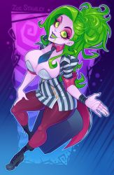 Rule 34 | 1girl, ankle boots, beetlejuice, beetlejuice (character), black necktie, black pantyhose, bleedingpervert, boots, bracelet, breasts, coattails, collared shirt, cross-laced footwear, english text, eyelashes, fingernails, formal, full body, genderswap, genderswap (mtf), green eyes, green hair, high heel boots, high heels, holding, huge breasts, jewelry, lace-up boots, legs, lipstick, long hair, long sleeves, makeup, miniskirt, nail polish, necktie, open mouth, pantyhose, pencil skirt, ring, shirt, side slit, skirt, skirt suit, smile, solo, striped clothes, striped shirt, striped skirt, suit, vertical-striped clothes, vertical-striped skirt, wavy hair