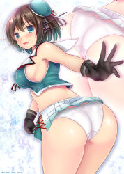 Rule 34 | 10s, 1girl, ass, black gloves, blue eyes, blush, breasts, brown hair, covered erect nipples, gloves, hair ornament, hairclip, hat, headgear, kantai collection, large breasts, looking at viewer, looking back, maya (kancolle), maya kai ni (kancolle), md5 mismatch, microskirt, midriff, obiwan, open mouth, panties, pleated skirt, resolution mismatch, school uniform, serafuku, short hair, sideboob, skirt, sleeveless, solo, source larger, underwear, white panties, x hair ornament, zoom layer