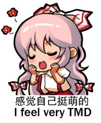 Rule 34 | 1girl, arm up, bilingual, blush, blush stickers, bow, chibi, chinese text, closed eyes, commentary request, cowboy shot, dress shirt, ears visible through hair, english text, flower, fujiwara no mokou, hair between eyes, hair bow, hair ribbon, jokanhiyou, long hair, lowres, mixed-language text, open mouth, pants, puffy short sleeves, puffy sleeves, ranguage, red pants, ribbon, shirt, short sleeves, silver hair, simple background, solo, suspenders, touhou, translation request, transparent background, tress ribbon, very long hair, white background, white shirt