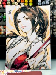 Rule 34 | arm guards, art tools in frame, bare shoulders, breasts, brown eyes, brown hair, cleavage, closed mouth, commentary, english commentary, fatal fury, fire, folded fan, folding fan, hair tie, hand fan, high ponytail, highres, large breasts, marker (medium), ninja, parted bangs, ponytail, revealing clothes, rope, shiranui mai, solo, stanley lau, the king of fighters, traditional media