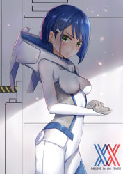 Rule 34 | 10s, 1girl, absurdres, blue hair, bodysuit, breasts, breasts apart, copyright name, cowboy shot, darling in the franxx, from side, green eyes, hair ornament, hairclip, highres, ichigo (darling in the franxx), koi0806, looking at viewer, medium breasts, short hair, skin tight, small breasts, solo, standing, swept bangs, white bodysuit