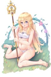 Rule 34 | 1girl, :o, absurdres, alternate costume, bare arms, barefoot, blonde hair, blue eyes, blush, breasts, collarbone, demorisshu, flower, goblin slayer!, grass, highres, holding, holding staff, long hair, looking at viewer, navel, on grass, panties, priestess (goblin slayer!), sitting, small breasts, solo, staff, transparent background, underwear, underwear only, wet, white panties