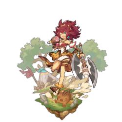 Rule 34 | animal print, axe, blue eyes, boar, camp, dragalia lost, eating, flag, food, full body, hair ornament, looking at viewer, meat, non-web source, official art, red hair, saitou naoki, smile, tiger print, transparent background, tribal, weapon, yue (dragalia lost)